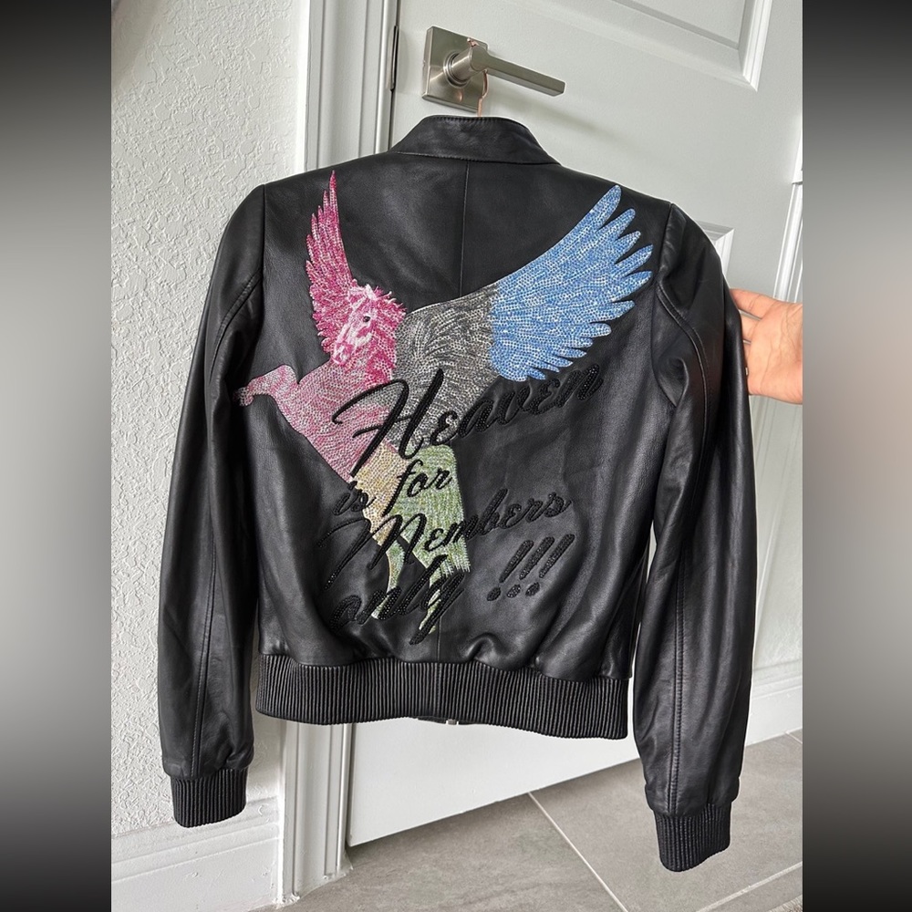 Philipp Plein black leather jacket with crystal Pegasus appliqué in sz S.